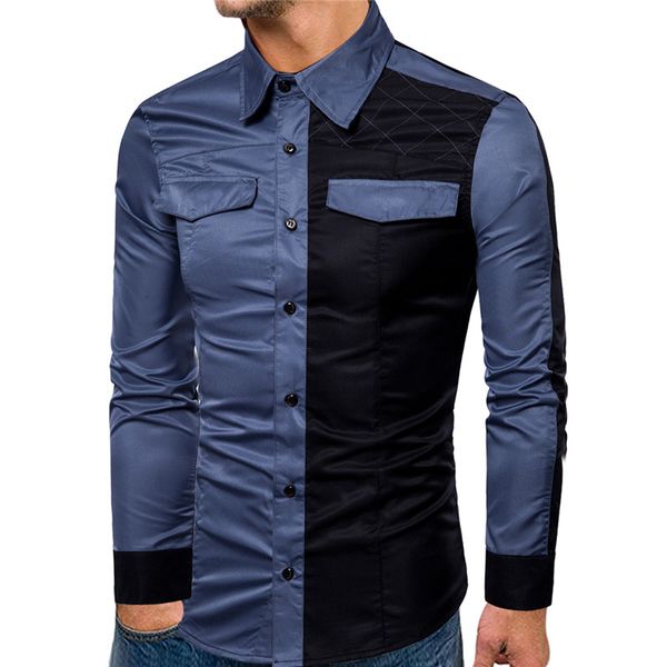 

mens designer casual shirts panelled military style long sleeve lapel neck business shirt mens slim dress shirts men 3xl, White;black