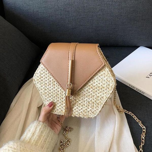

fashion hexagon mulit style straw leather handbag women summer rattan bag handmade woven beach circle bohemia shoulder bag y20