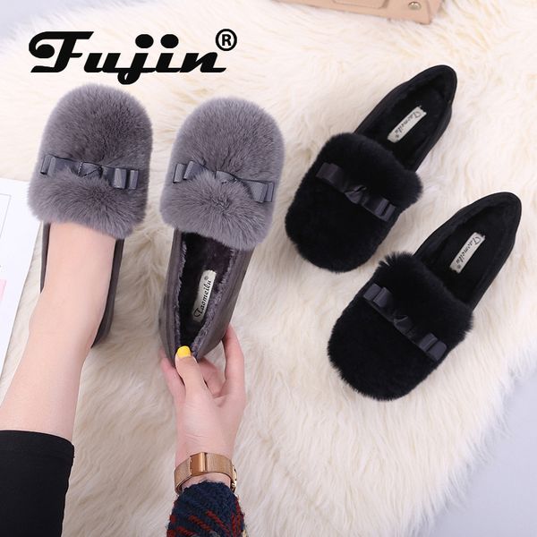 

fujin women flats loafers soft slip on autumn winter flock suede moccasins fur plush for autumn winter slippers, Black