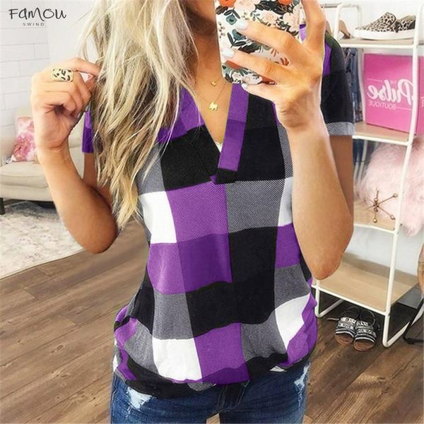 

fashion plaid t shirt plus size cotton tshirt casual summer ladies v neck tunic female women short sleeve shirt blusas, White
