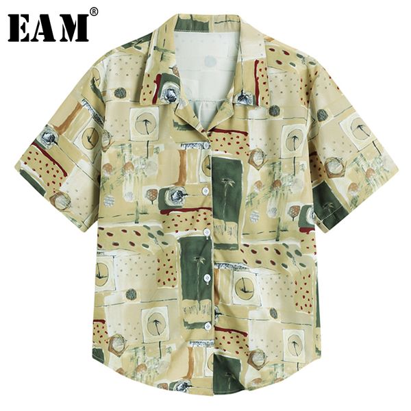 

eam] women pattern printed big size blouse new lapel short sleeve loose fit shirt fashion tide spring summer 2020 1y4560, White