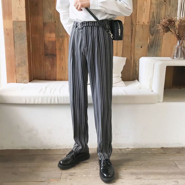 

korean suit pants men's slim fashion business casual striped suit pants men streetwear wild straight men trousers m-2xl, White;black