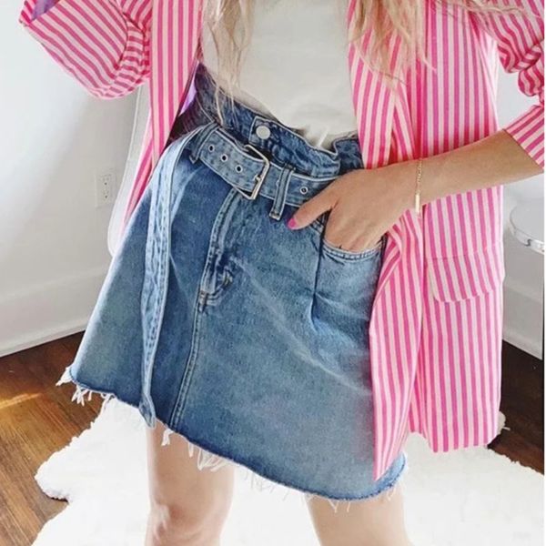 

adjust belts woman denim skirts high waist solid color 2020 summer fashion girls a line mini skirts, Black