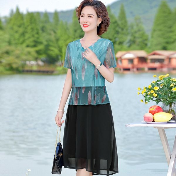 

uuwlq young mother's summer 40-year-old middle-aged women's chiffon skirt chiffon skirt dress senior summer over-knee dress wester, White