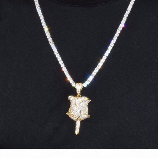

men's rose flower pendant & necklace hip hop jewelry womens gold color ice out cubic zircon with tennis chain for drop shipping, Silver