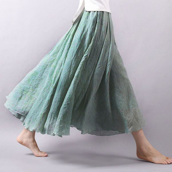 

fashion casual women cotton linen summer skirts elastic waist green female maxi long skirts boho a line pleated beach skirt, Black