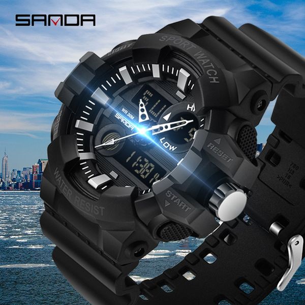

sanda luminous electronic middle school boys' sports electronic multifunctional waterproof timing watch large dial luminous watch, Blue