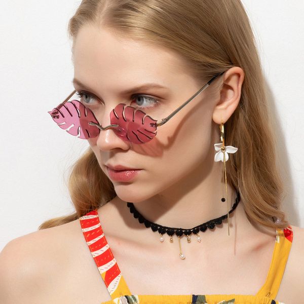 

steampunk sunglasses women leaf shape oval sunglasses male fashion leaves rimless metal frameless glasses party beach, White;black