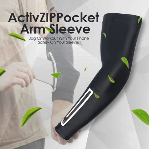 

sports arm support sleeve sun uv protection arm sleeves with zippered phone bag for fitness running dog88, Black;gray
