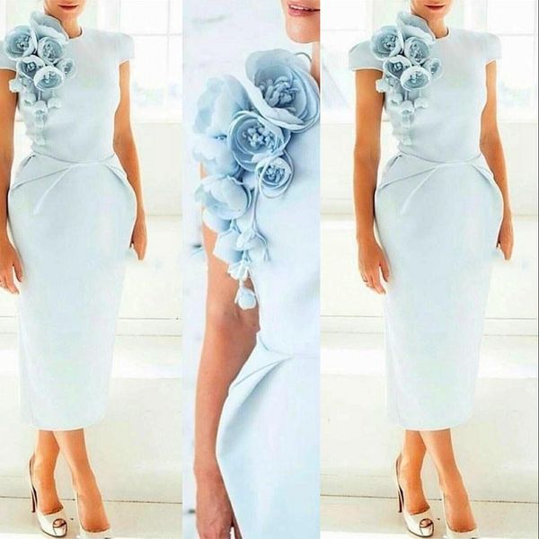 

vintage light sky blue mermaid mother of the bride dresses satin jewel cap sleeves hand made flowers tea length wedding guest evening gowns, Black;red