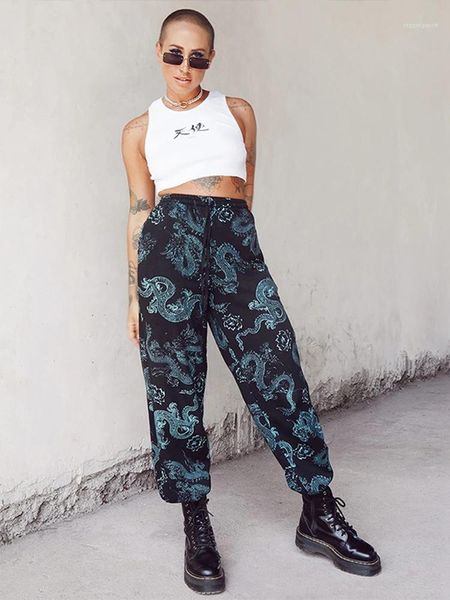

loose ankle banded sweatpants women casual drawstring trousers women dragon pattern designer pants fashion hip hop, Black;white