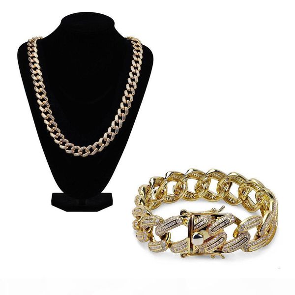 

men's large miami cuban chain necklace bracelet set 18k gold plated cubic zirconia hip hop 18mm width jewelry for male, Silver