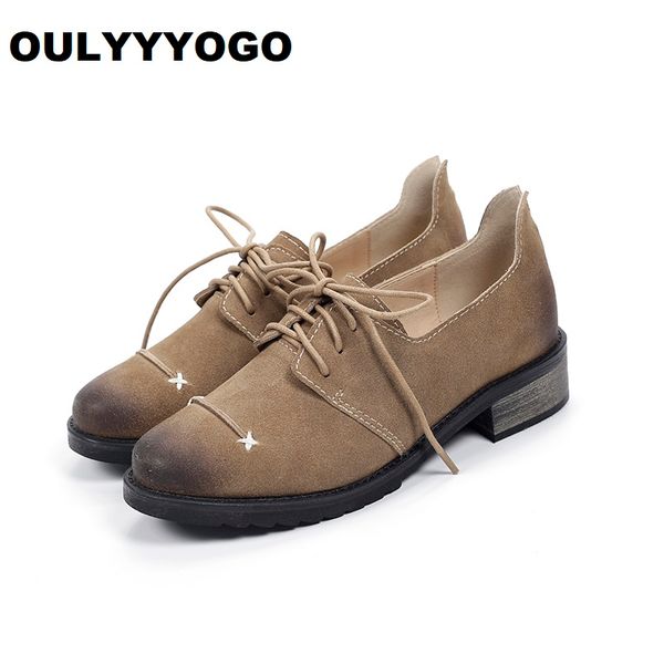 

oulyyyogo summer & spring leisure retro women's shoes female oxfords cow suede leather casual brogue shoes thick heels 2 colors, Black