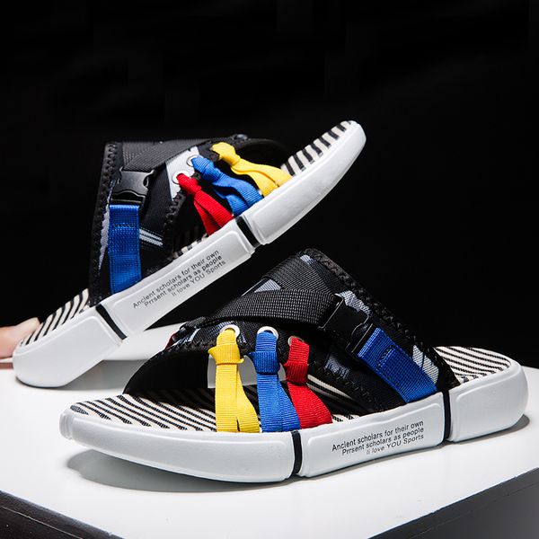

summer 2020 men's outdoor slippers men's color belt slippers beach fashion comfortable, Black