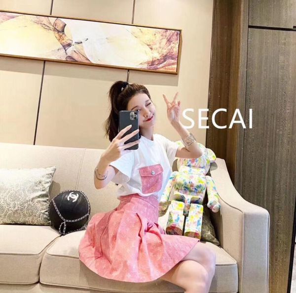 

2020 woman t-shirt + pleated skirt designer fashion women s clothing 2 piece set luxury women's summer suit, White