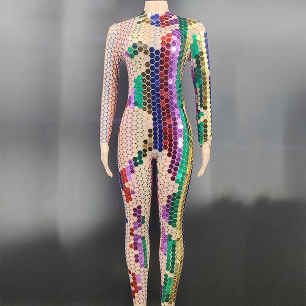 

new multi-color mirror rhinestones transparent jumpsuit bar women dancer leggings stage wear birthday celebrate outfit, Black;red