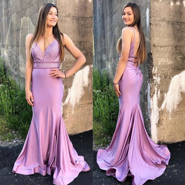 

charming sequined mermaid backless prom dresses deep v neck sweep train beaded evening gowns satin floor length formal dress, Black