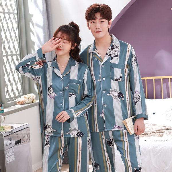 

2020 new couple men's cardigan satin simulation silk women's cartoon printed ice silk home pajamas pajamas clothes for men, Black;brown