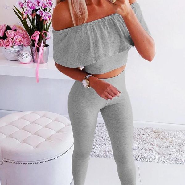 

2 piece outfits women off the shoulder short sleeve crop elastic waist pencil pants sport sets 2 pcs suits leisure sets, Gray