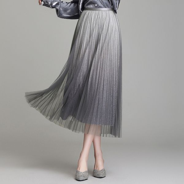 

gradient mesh bright silk 2020 new women's stitching splicing splicing skirt korean style high waist pleated skirt, Black
