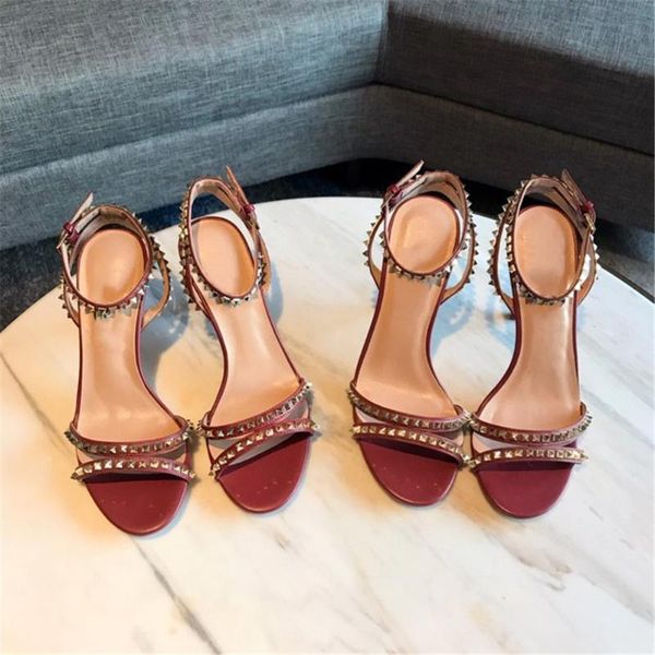 

women's new summer fashion sandals genuine leather rivet thin heels wedding/party ladies shoes brand designer shoes, Black