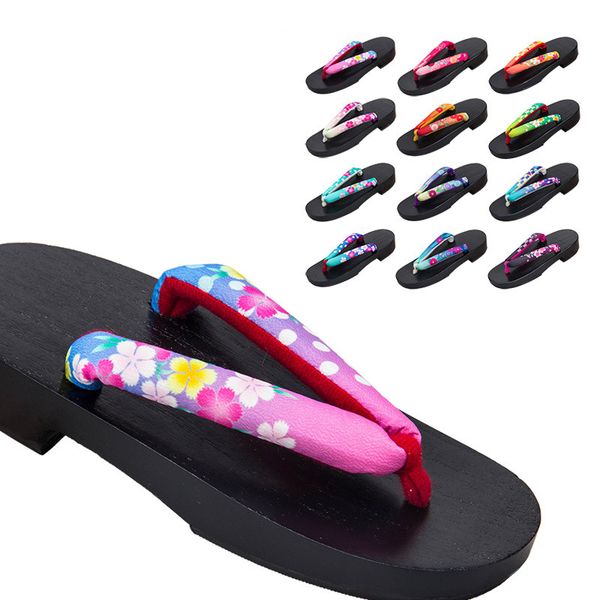 

whoholl female geta japanese wood slippers women sandals cosplay costumes girls kimono flip flops red sole print slippers, Black