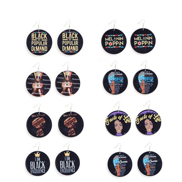 

new black style african printing wooden earrings african women letter pattern round dangle wood earrings ear hook eardrop designer jewelry, Silver