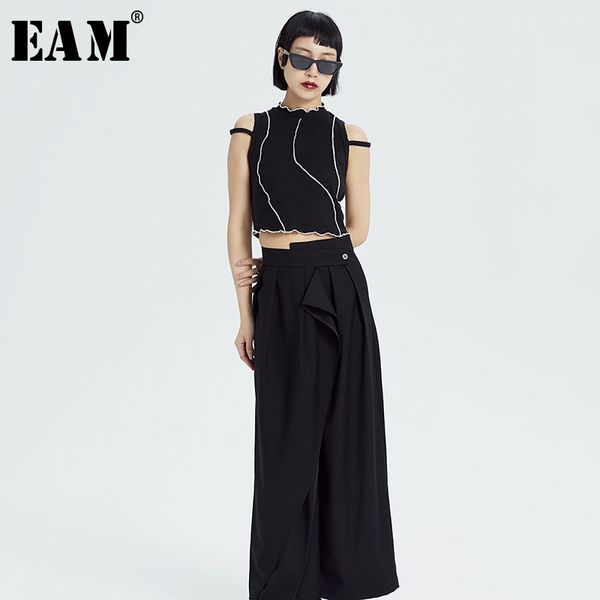 

eam] high waist black pleated irregular long wide leg trousers new loose fit pants women fashion tide spring autumn2020 1x652, Black;white