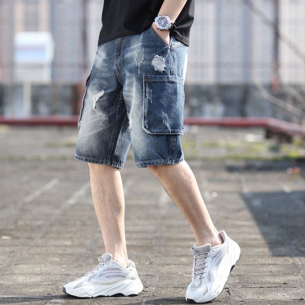 

new summer knee length denim shorts men's ripped scratched holes big pocket jeans short pants blue cargo shorts plus size