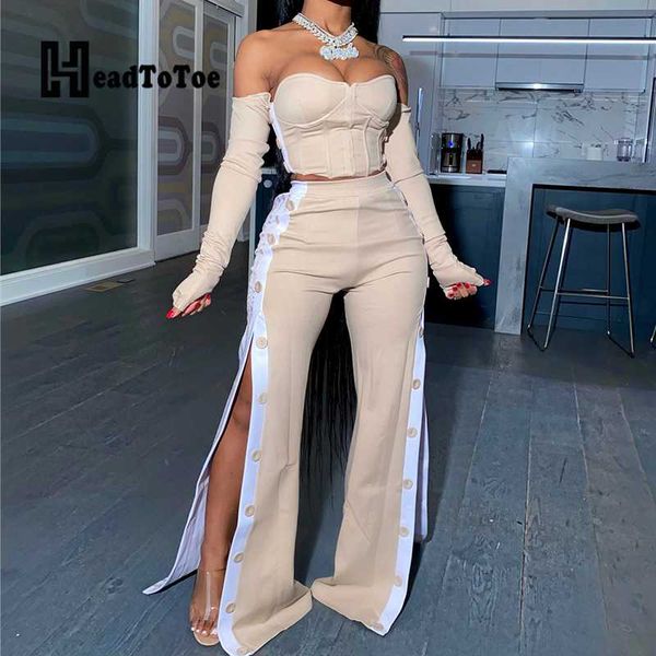 

strapless long sleeve crop and high waist buttoned slit pants set women two piece set, White