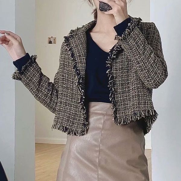 

KUMSVAG 2020 Autumn Women Casual Jackets Coats Long Sleeve Open Stitch Plaid Jacket Female Street Sweet Jackets Outerwear Cloth, Black;brown