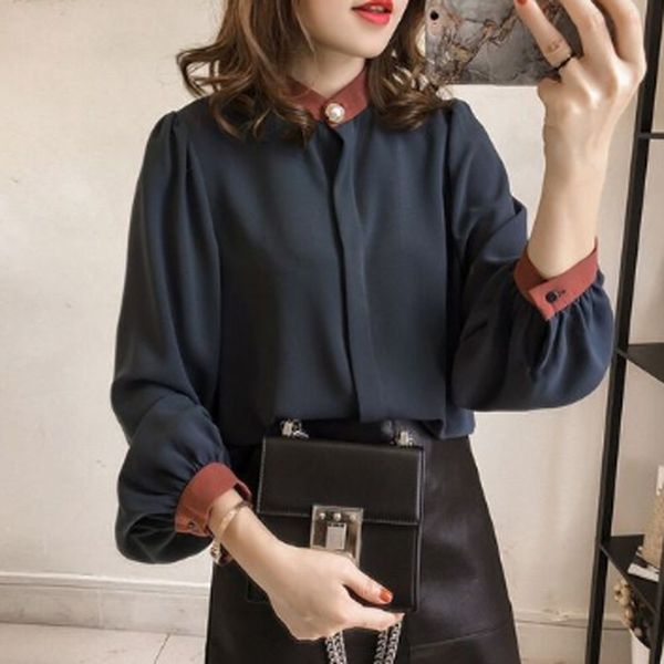 

jppki 2019 весной и осенью корейский стиль рубашки верхней части фонарика свободно сплайсинга цвет фонарь рукав длинный рукав топ элегантный, White