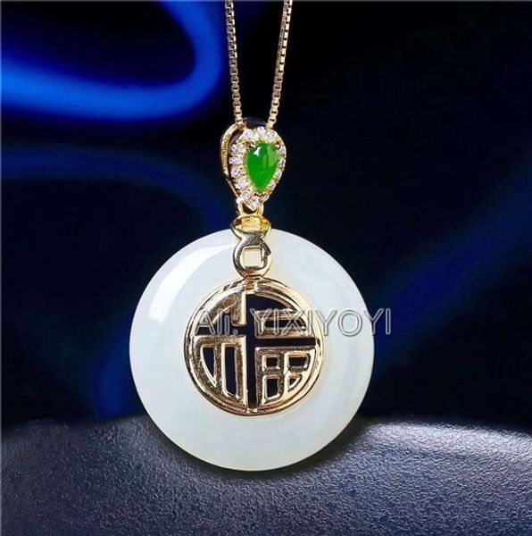 

beautiful 925 sterling silver white hetian jade round heart fu hollow lucky pendant + chain necklace fine jewelry charm gift