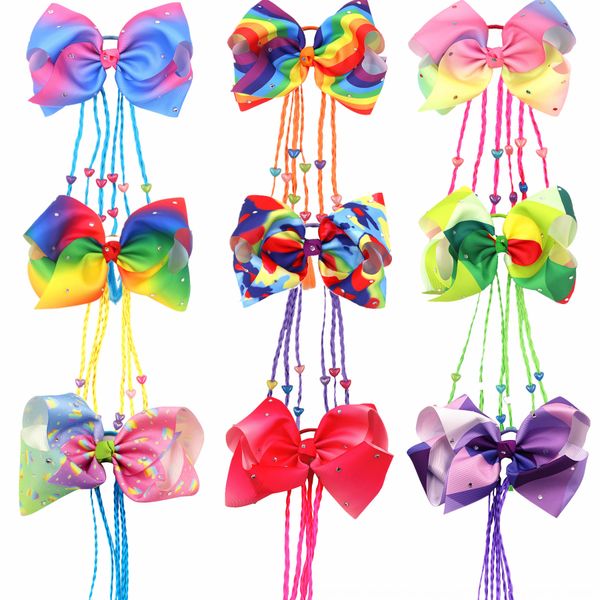 

children's bowknot rainbow stripe ring wig twist braid wig hair rope butterfly hair rope, Slivery;white