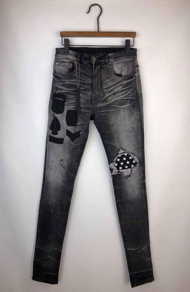 

men stretchy skinny army patches distressed dk grey denim jean, Blue
