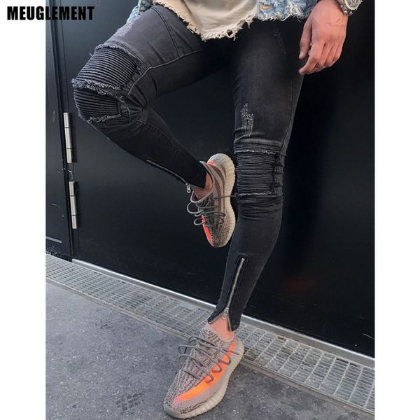 

fashion jeans men casual trousers fitted bottoms zipper punk jean street wear hip hop straight jeans man black clothes, Blue