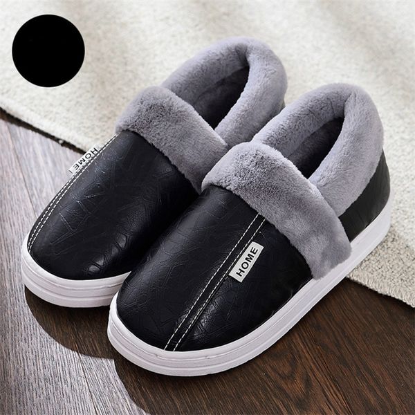 

men shoes winter slippers home warm waterproof fur shoes man fashion cotton women slip-on leather slides casual loafers, Black