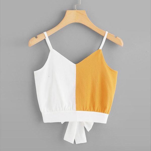 

women casual crop camis patchwork sleeveless v neck back tie block color camis regata feminina 2020 new, White