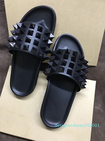 

designer sandals red bottom slippers mens black genuine leather with spikes summer flip flops luxury sandals flat leather slides us 12 cn02