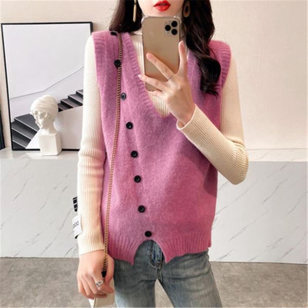 

women's vests 2021 autumn sleeveless sweater vest women preppy style pure button deep v neck knitted jumper female knitting waistcoat, Black;white