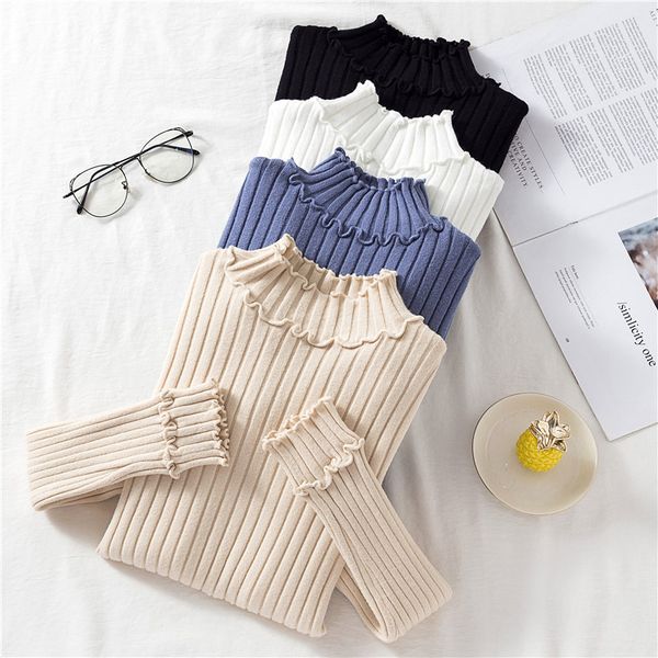 

2020 autumn winter new women turtleneck sweater knitted pullovers slim sweater casual pullovers female ruffles crocheted top, White;black