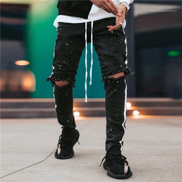 

jeans hole graffiti skinny side stripe mens designer jeans middle waist summer male pencil pants with drawstring black mens, Blue
