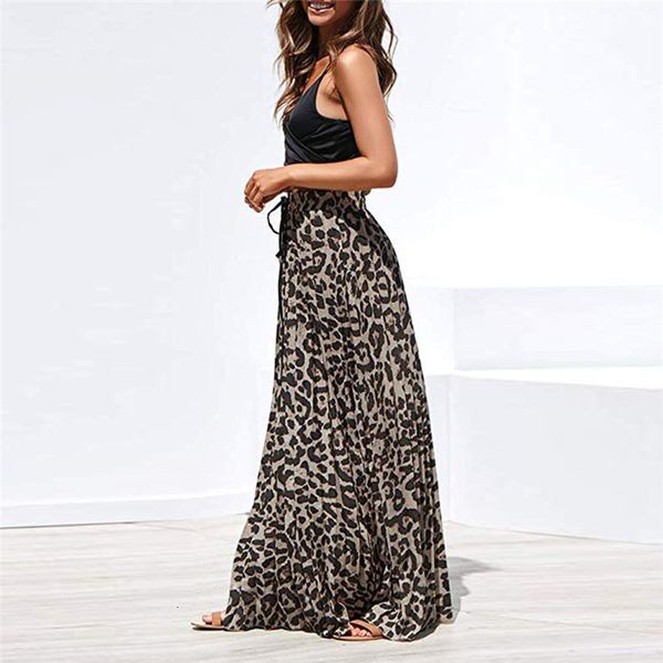 

2020 summer new women bohemian leopard print pleated long skirt elegant lady drawstring high waist bohemian maxi skirt jun26, Black