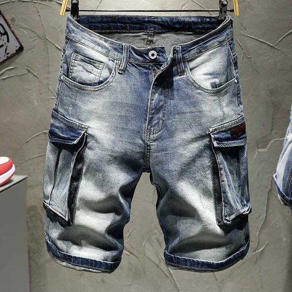 

2020 brand men's fashion denim shorts summer slim fit casual cotton large pocket tooling style male jean mid pants, Blue