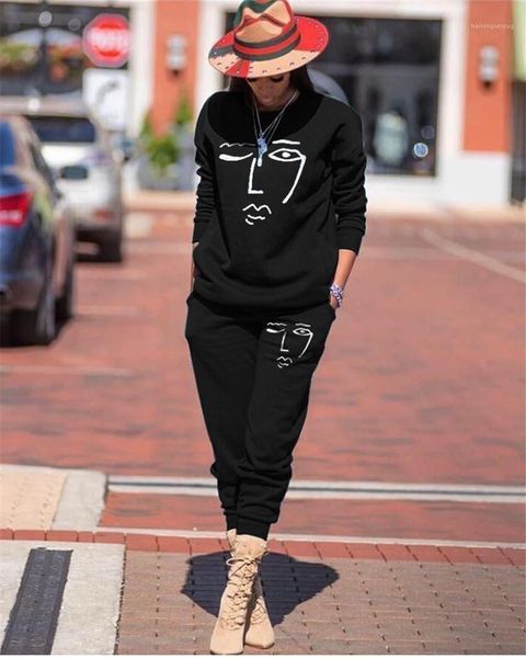 

long sleeve o-neck loose woman 2pcs suits casual two pieces sets printed womens tracksuits spring autumn, Gray