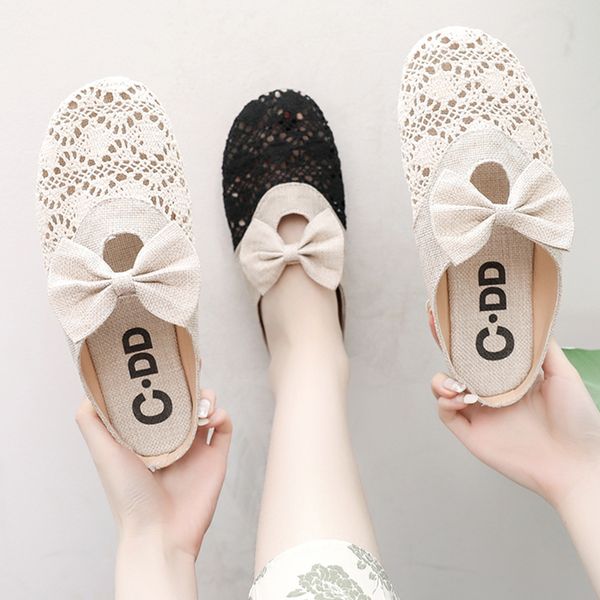 

slippers women summer loafers flat shoes female pantofle med luxury slides lace cover toe 2020 designer basic cotton fabric, Black