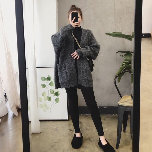

lrbdk women's sweater 2020 autumn and winter korean style loose short coat thickened short coat women's cardigan online popular kn, Black