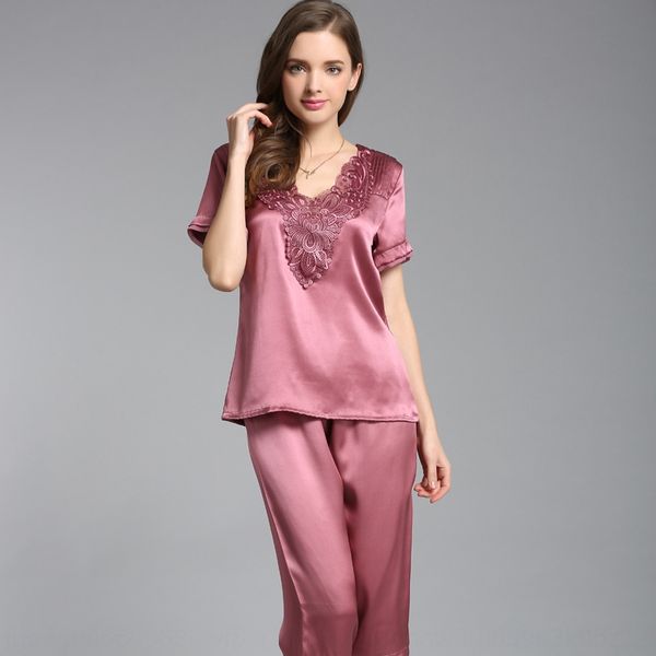 

2020 noble mulberry silk home clothes lace lace silkpajamas silkshort sleeve silk pajamas women's two-piece suit, Blue;red