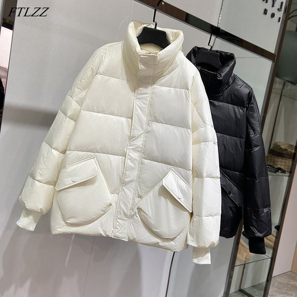

ftlzz new winter women stand collar loose short down parkas thick warm 90% white duck down coat cute bright color snow outwear, Black