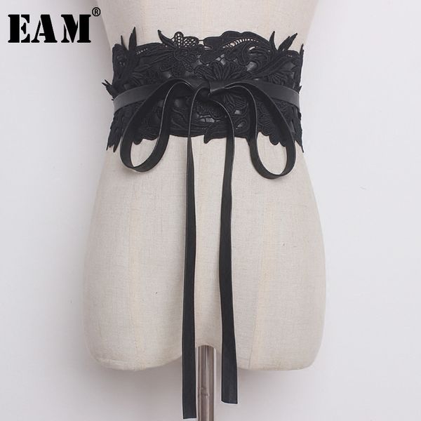 

eam] 2020 new summer slolid color lace split joint bandage pu leather loose wide belt women fashion tide all-match jg363, Black;brown